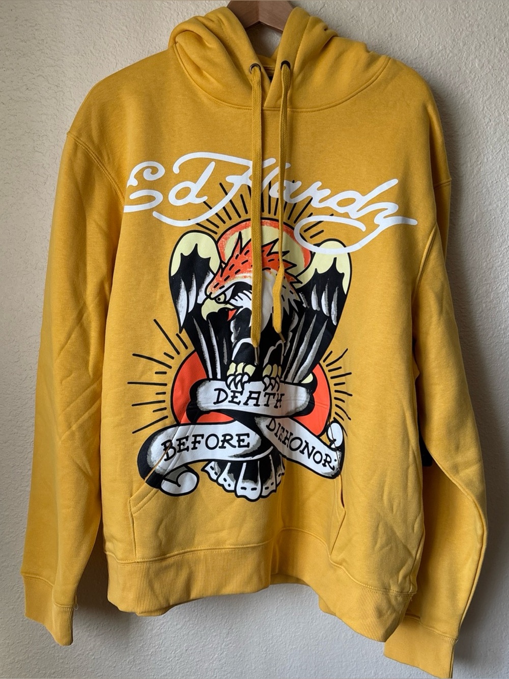 Ed Hardy Mustard Yellow Graphic Eagle Pullover Hoodie